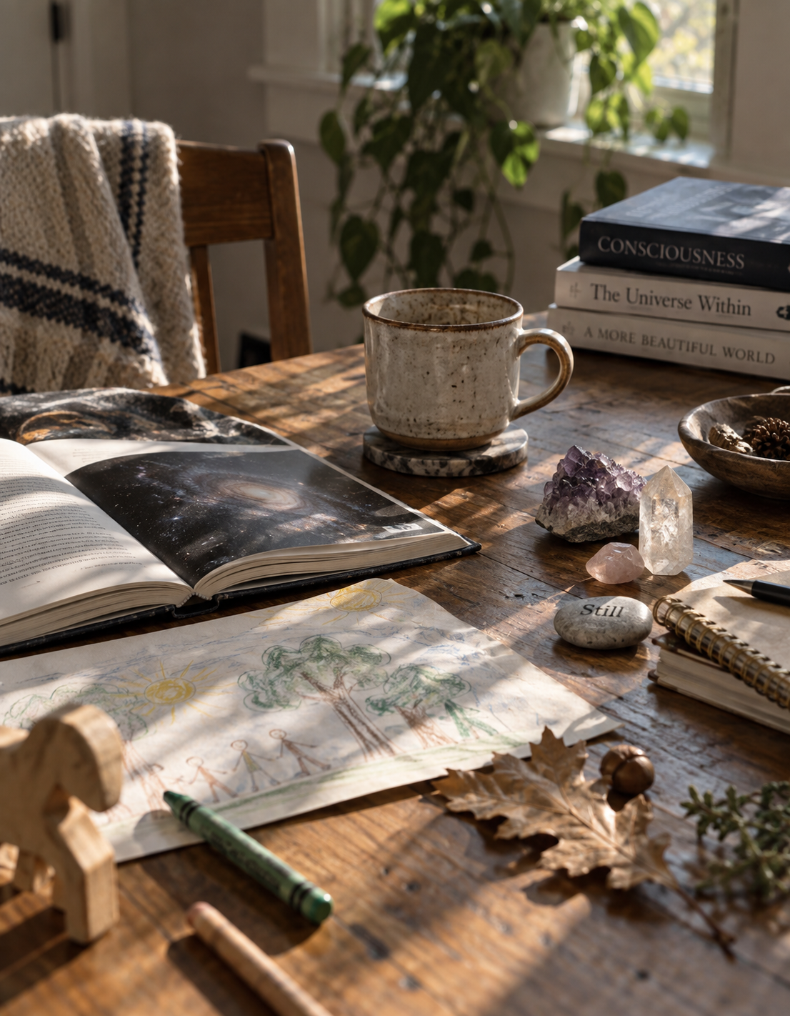 A sunlit family table with books, drawings, tea, crystals and gathered leaves