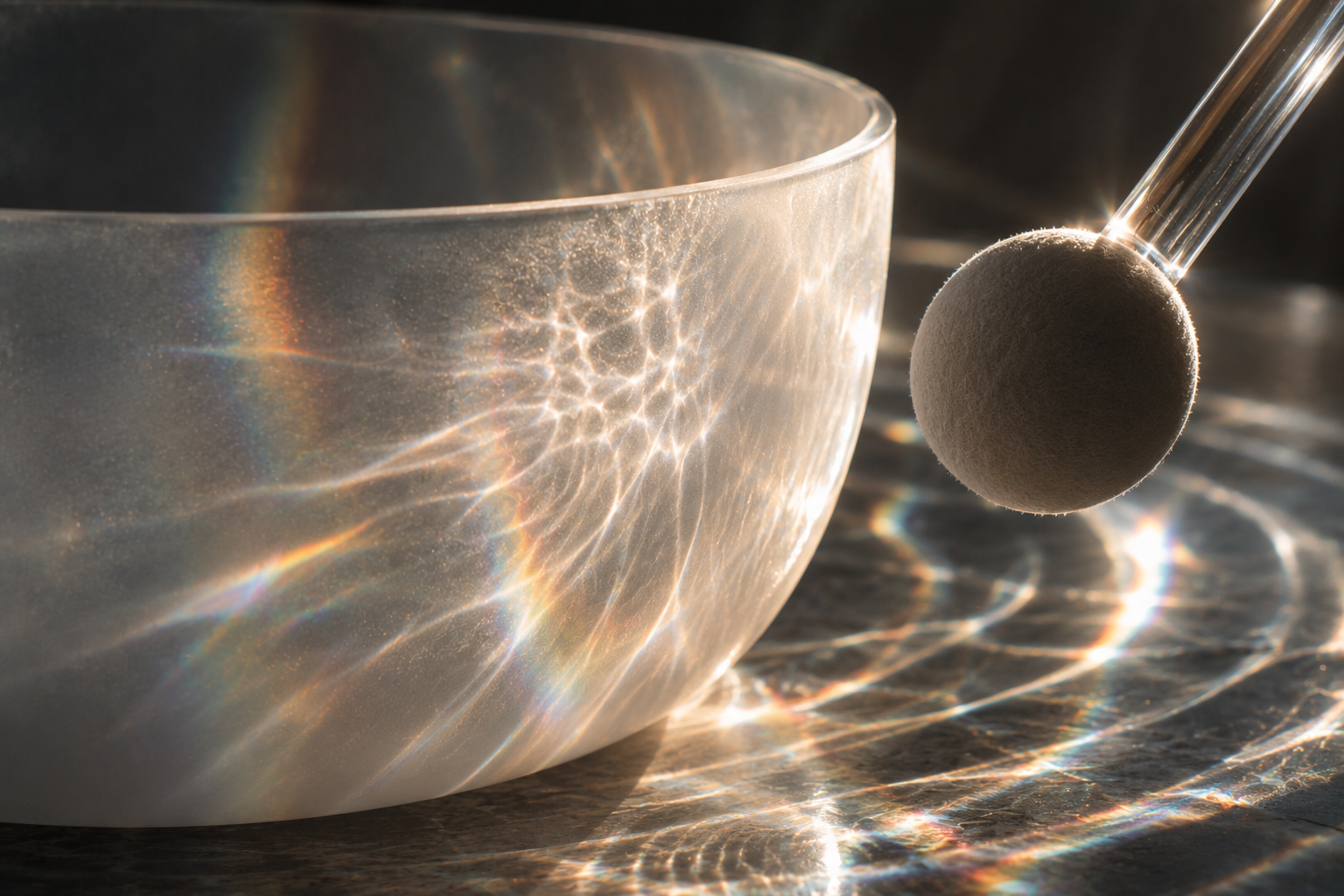 A frosted crystal singing bowl with its mallet, surrounded by prismatic reflected light