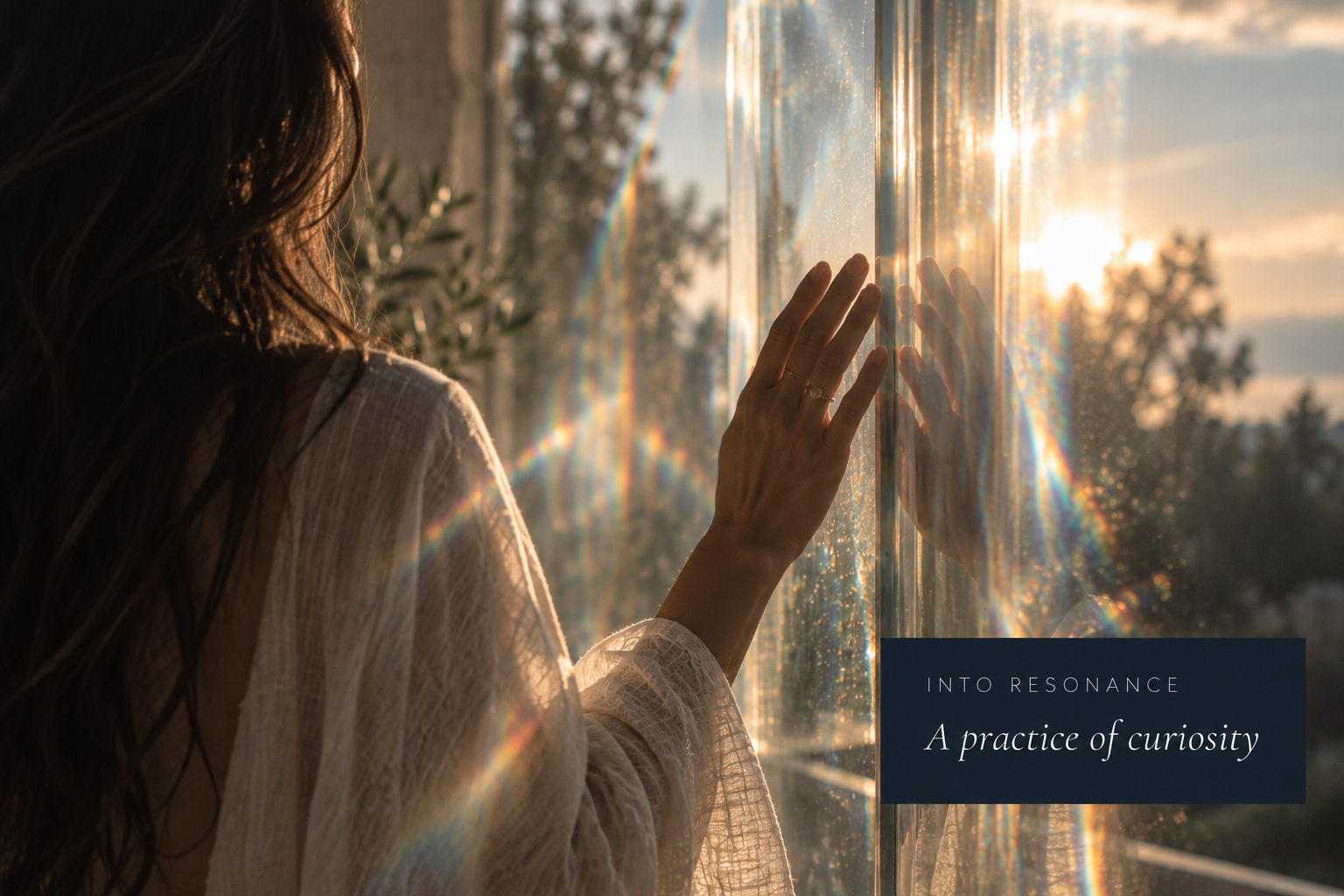 A woman seen from behind, her hand touching glass beside its reflection, refracted light in the golden hour