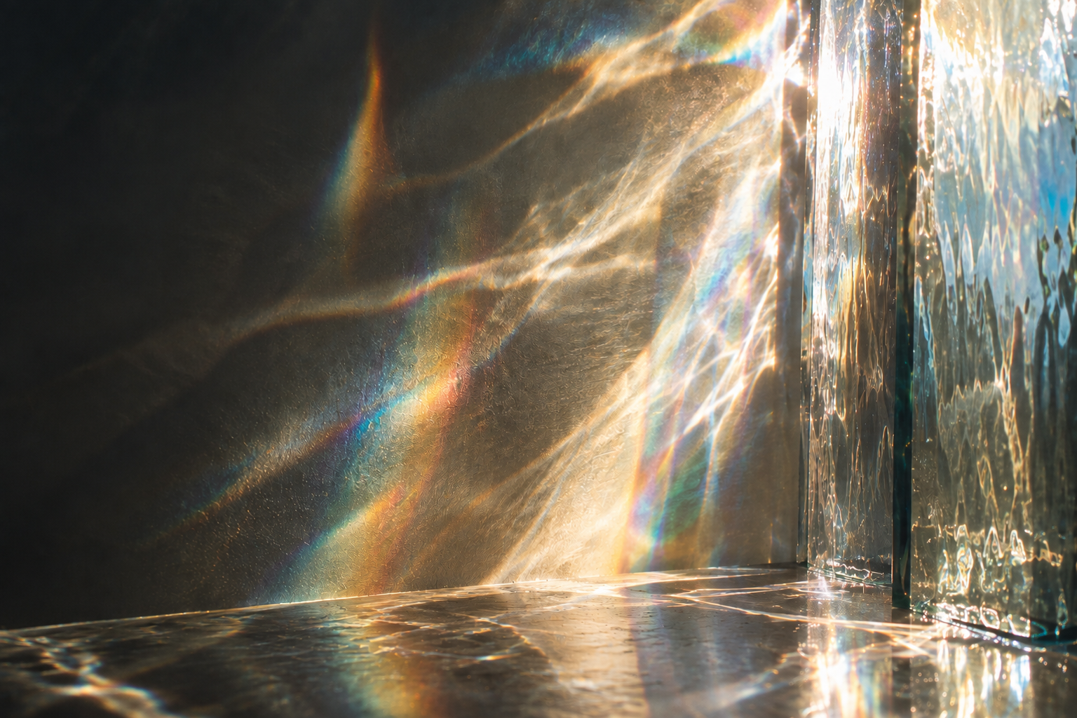 Prismatic light refracting across a dark surface beside textured glass