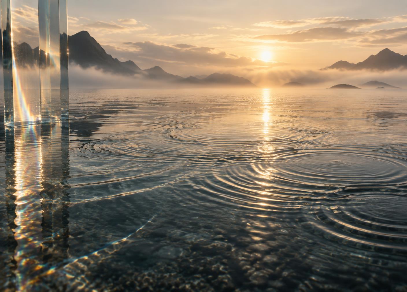 Intersecting water ripples carrying reflected light toward a misty horizon
