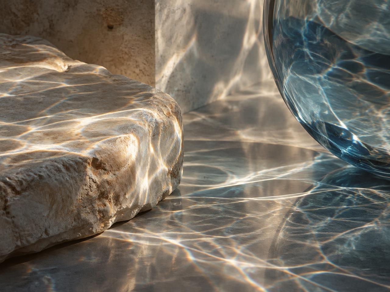 Warm reflected light moving across stone and blue glass